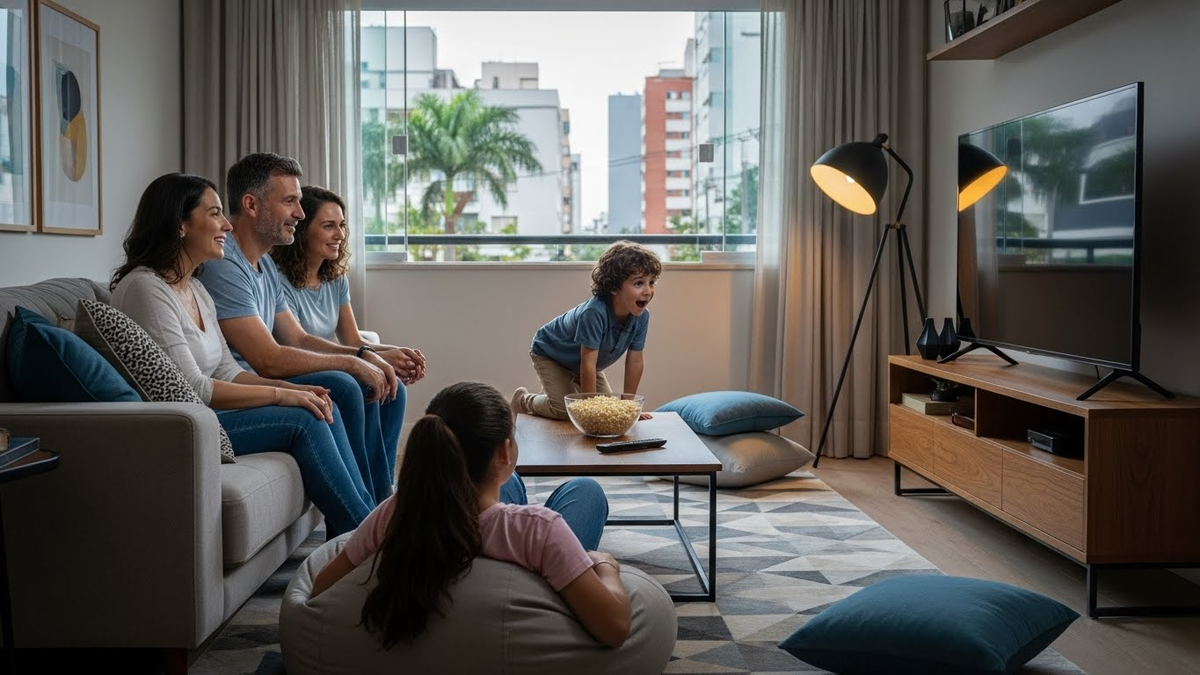 Família reunida na sala assistindo TV em casa moderna.