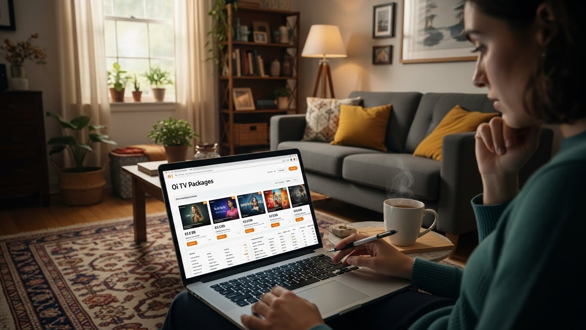 Mulhet usa laptop com site da Oi TV para ver videos