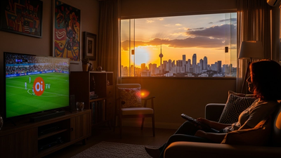 Homem acessando oi tv em guarulhos com um por do sol