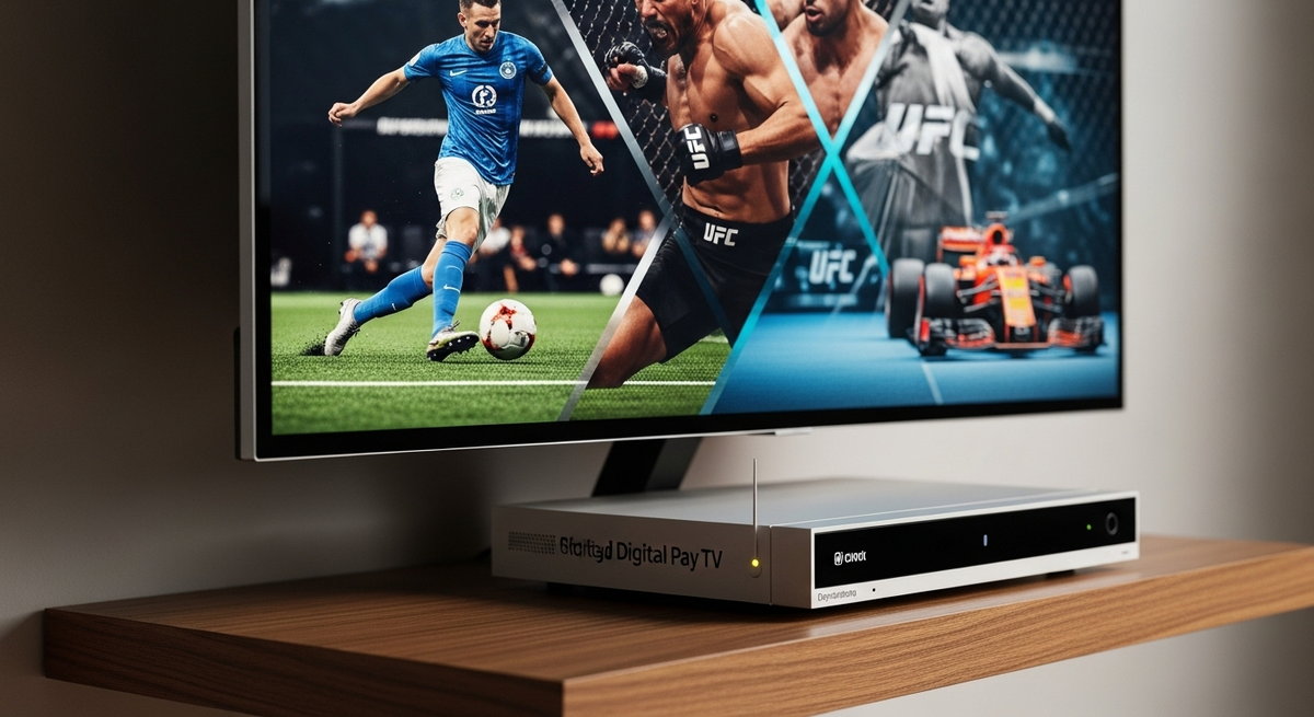Aparelho receptor de TV digital com esportes na tela.