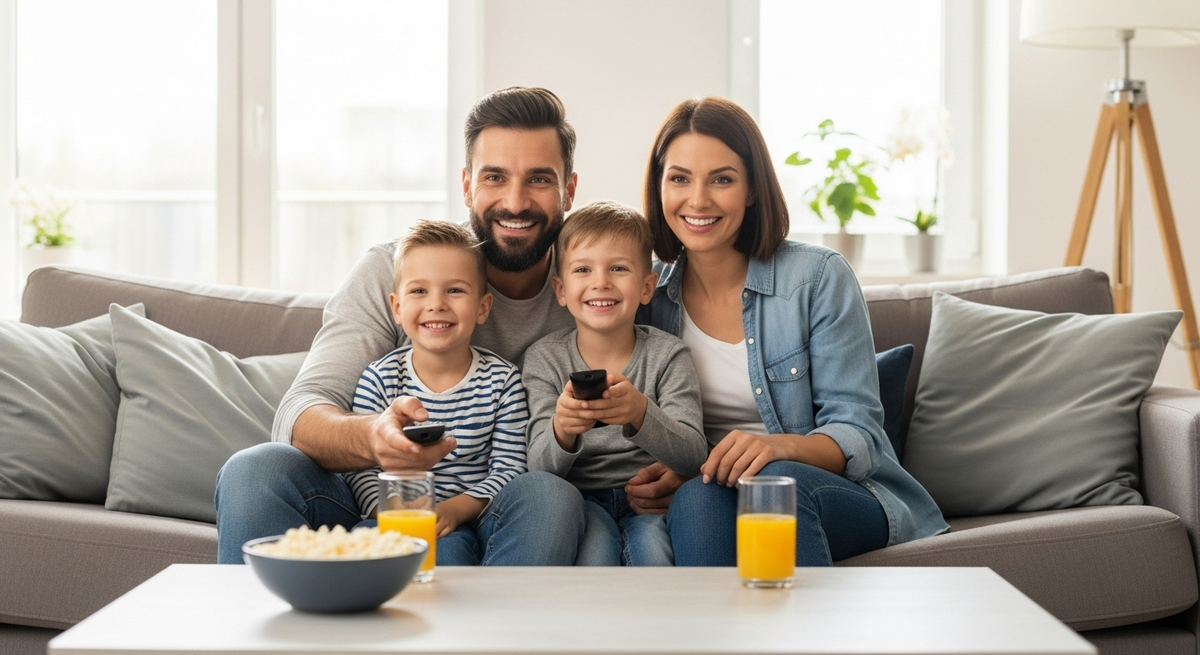 Família sorrindo no sofá com controle remoto e pipoca.