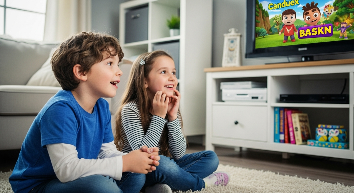 Crianças sentadas no tapete assistindo desenho na TV.