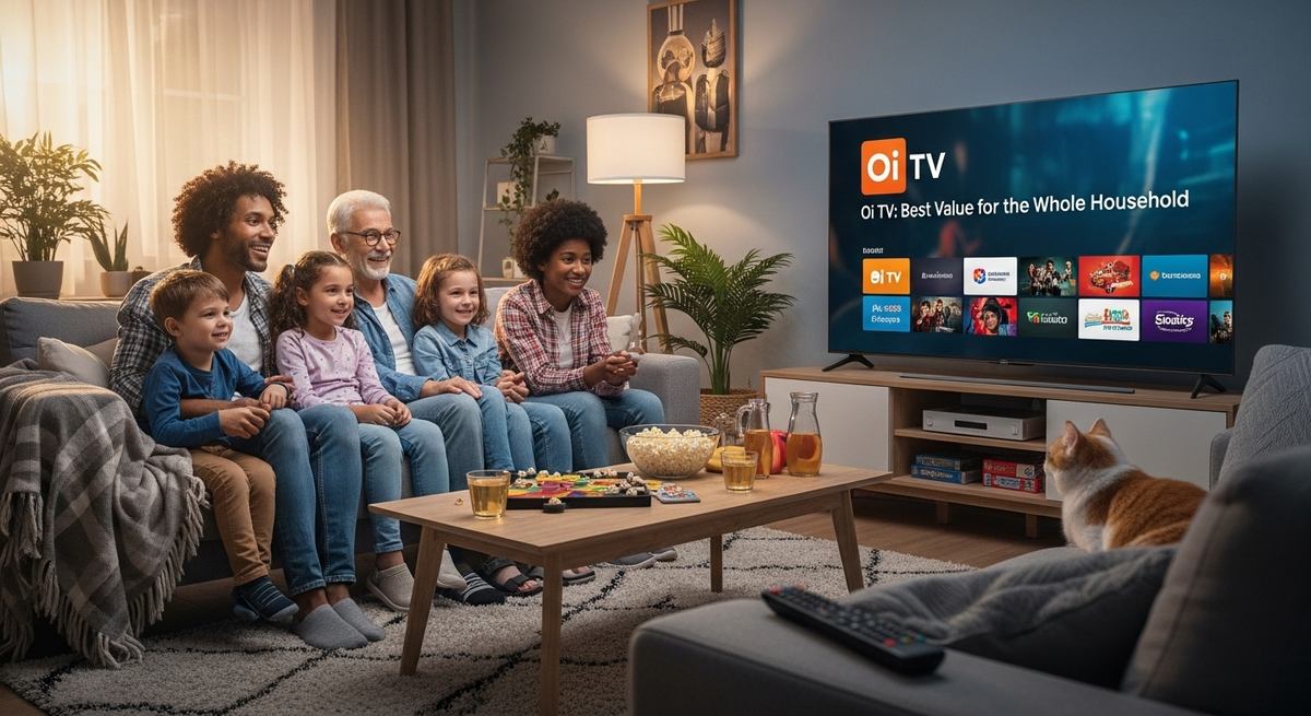 Família reunida na sala assistindo canais da Oi TV.
