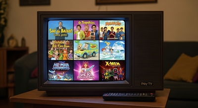 Imagens de uma tv com o top 10 conteúdos nostálgicos da TV paga.