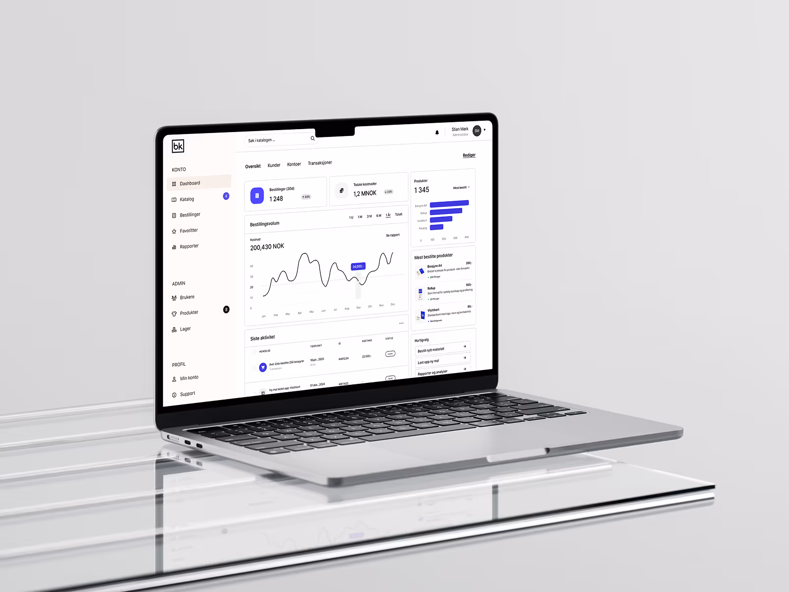 Laptop med dashbord som viser bestillingsvolum, totale kostnader og mest bestilte produkter på norsk.