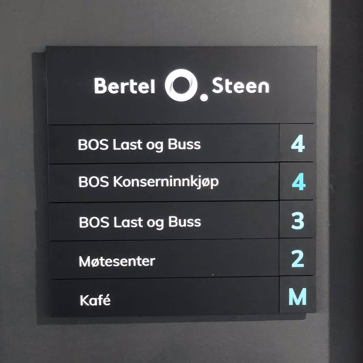 Skilt med avdelinger og etasjer for Bertel O. Steen, inkludert BOS Last og Buss, BOS Konserninnkjøp, Møtesenter og Kafé.