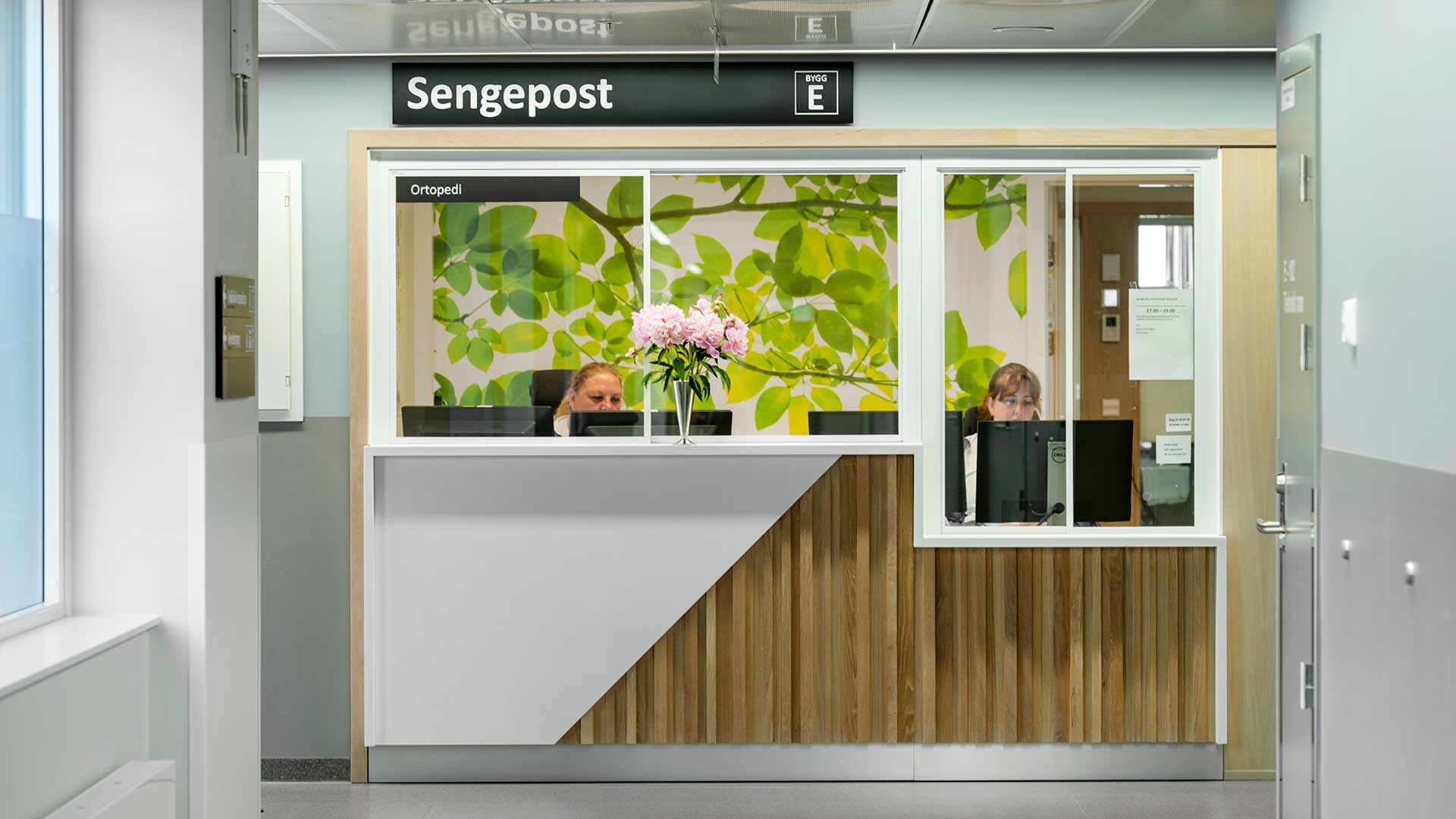 Resepsjon med to ansatte bak skranke med grønn bladdekor på veggen i sykehusets ortopediske sengepost.