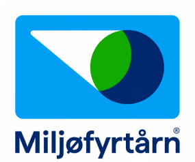 Miljøfyrtårn-logo med blå, grønn og hvit sirkel og tekst under.
