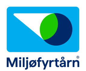 Miljøfyrtårn-logo med blå, grønn og hvit sirkel og tekst under.