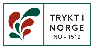 Trykt i Norge-merkelogo med røde og grønne former ved siden av teksten «TRYKT I NORGE NO - 1512».