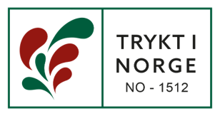 Trykt i Norge-merkelogo med røde og grønne former ved siden av teksten «TRYKT I NORGE NO - 1512».