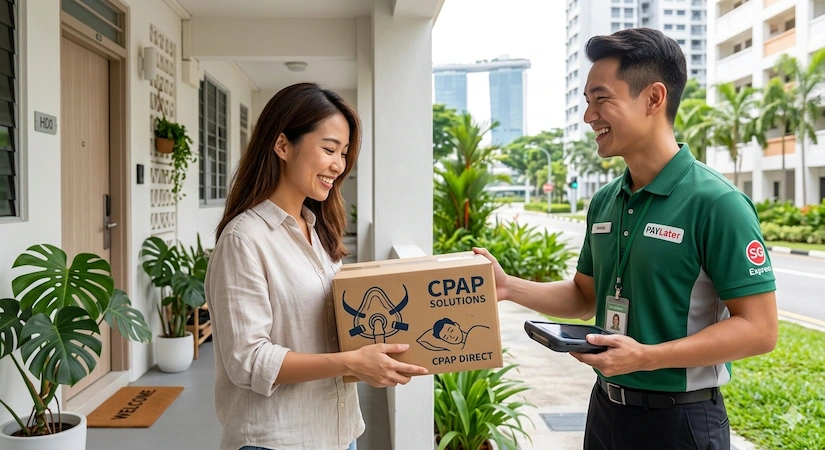 a courier delivers a parcel with a mask to a smiling woman