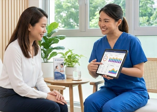 Medical person - woman dressed in blue, showing patients charts on tablet