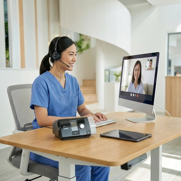 Woman in blue, talking over whatsApp and support customer