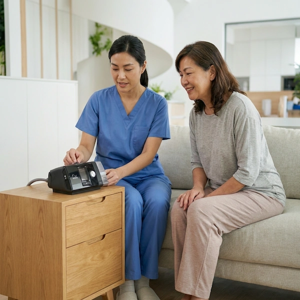 Woman - medical person shows customer how CPAP is working