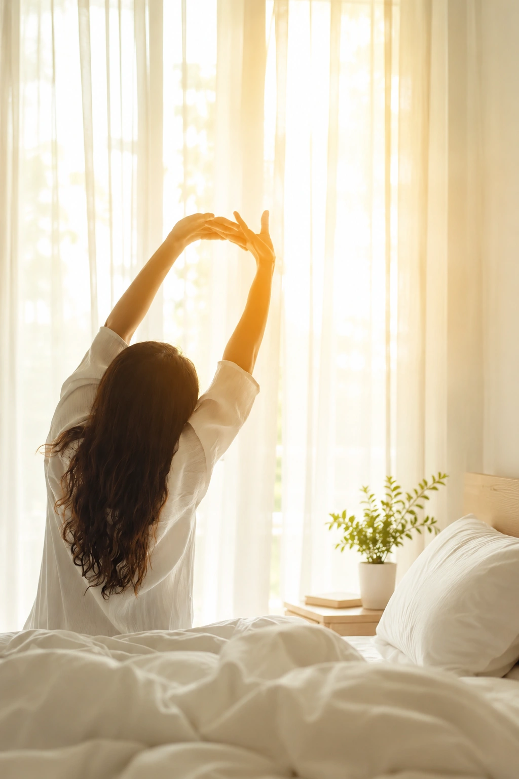 Woman on bed, feel relaxed and rested.