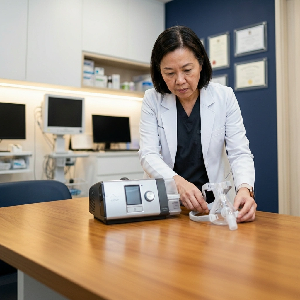 Woman check CPAP on desk