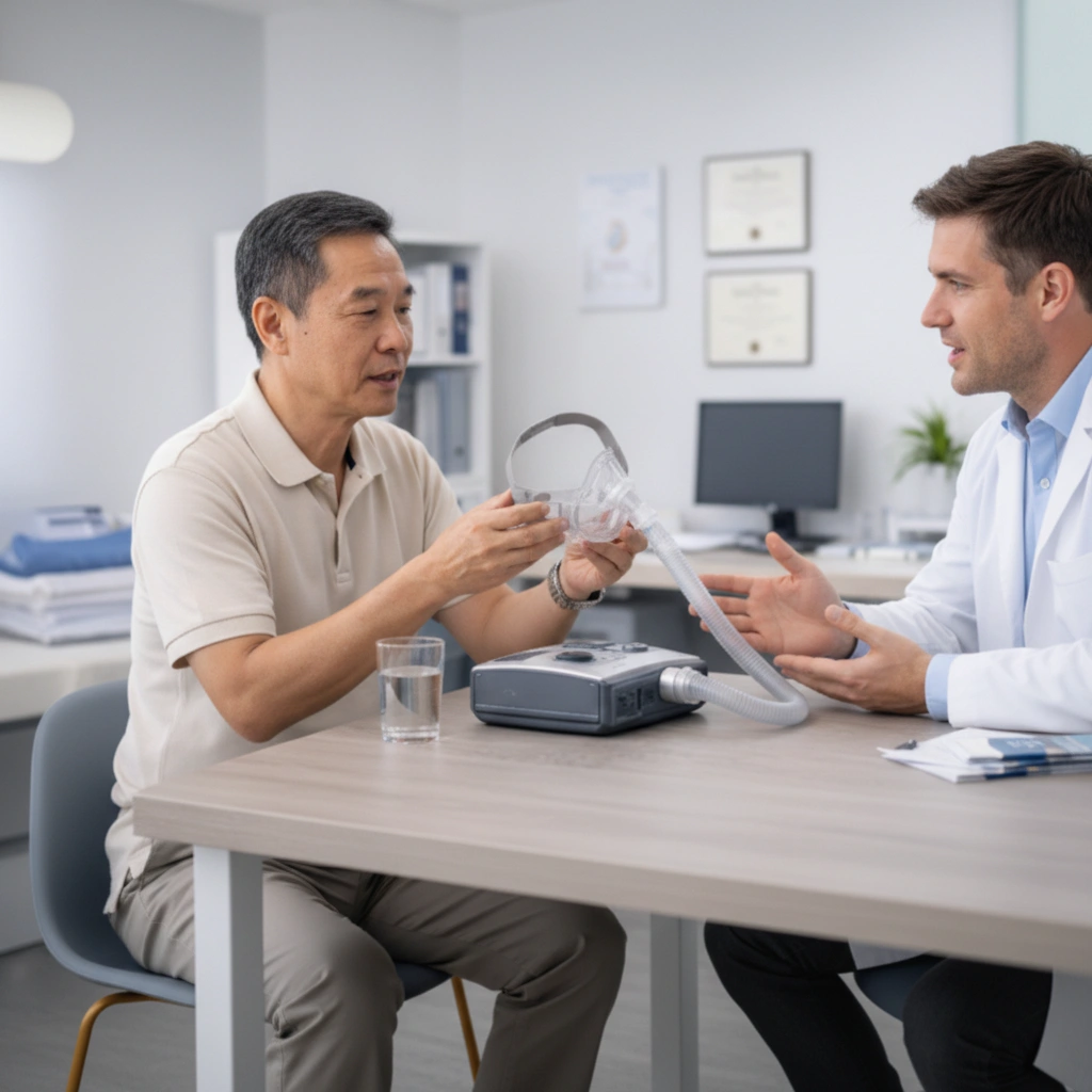 man shows patient CPAP