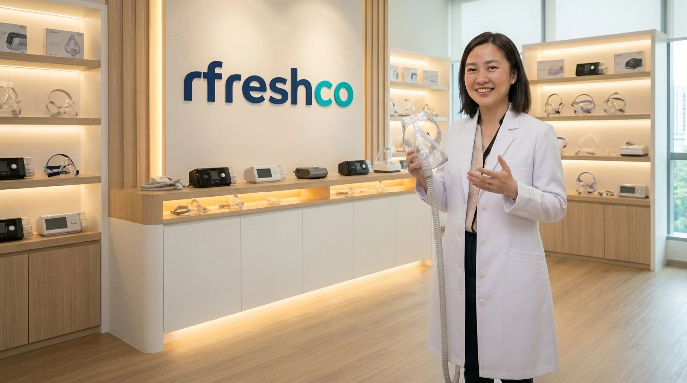 rfreshco showroom with a lot of cpap mask, woman in white uniform holding cpap