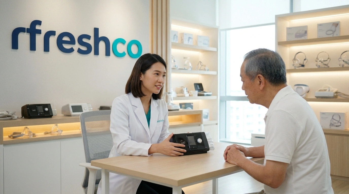 Woman shows older man CPAP in rfreshco showroom