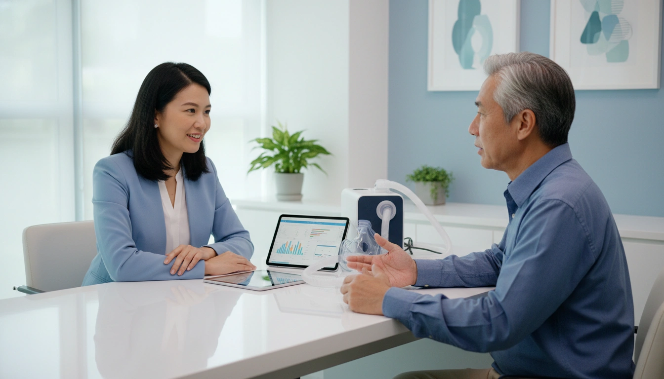 Woman explainig older man how CPAP works