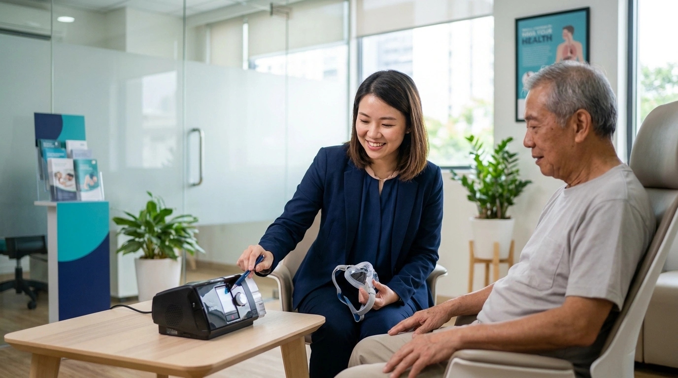 Woman showing older man how CPAP works