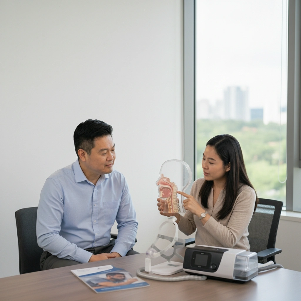 CPAP consultation, woman explains, man how CPAP works