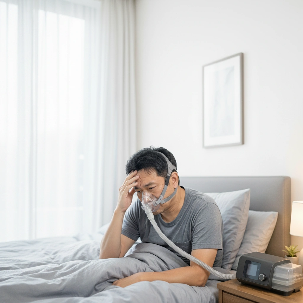 Man sitting on bad, struggling with CPAP