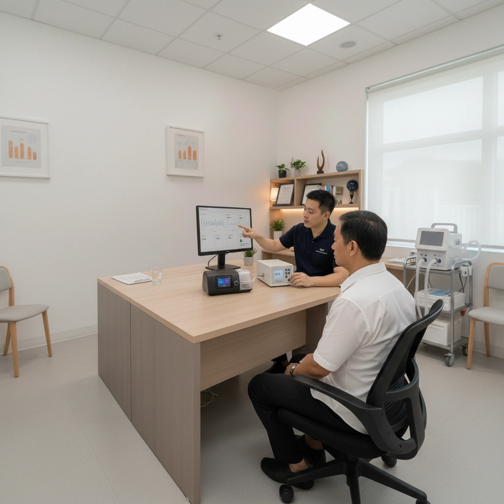 CPAP consultation, order man sitting on chair and younger man shows CPAP settings on monitor