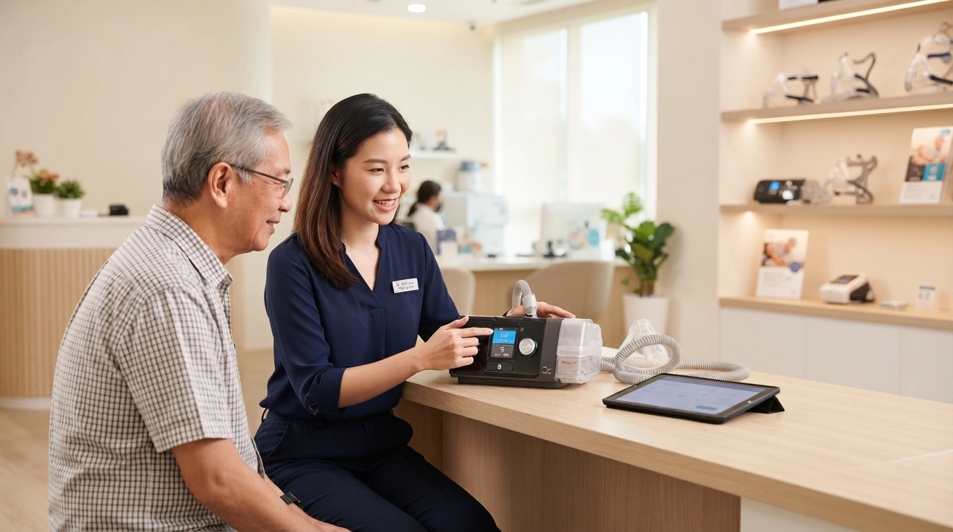 BiPAP rfershco presentation, woman shows older man how bipap works