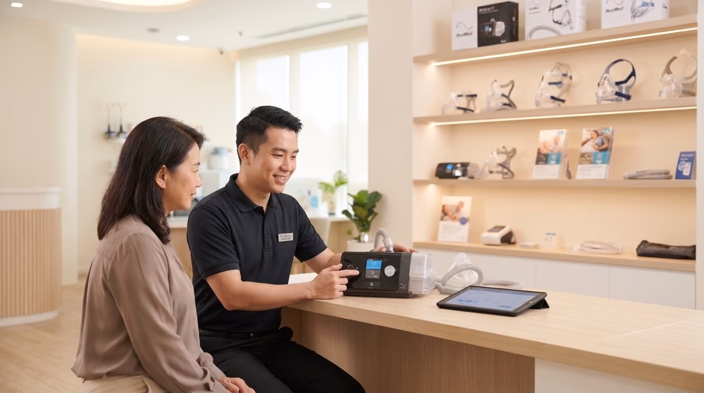SG Medical / rfreshco Merah Bukit showroom, man shows woman CPAP