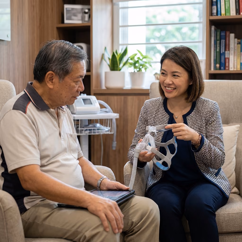 Woman shows older man CPAP