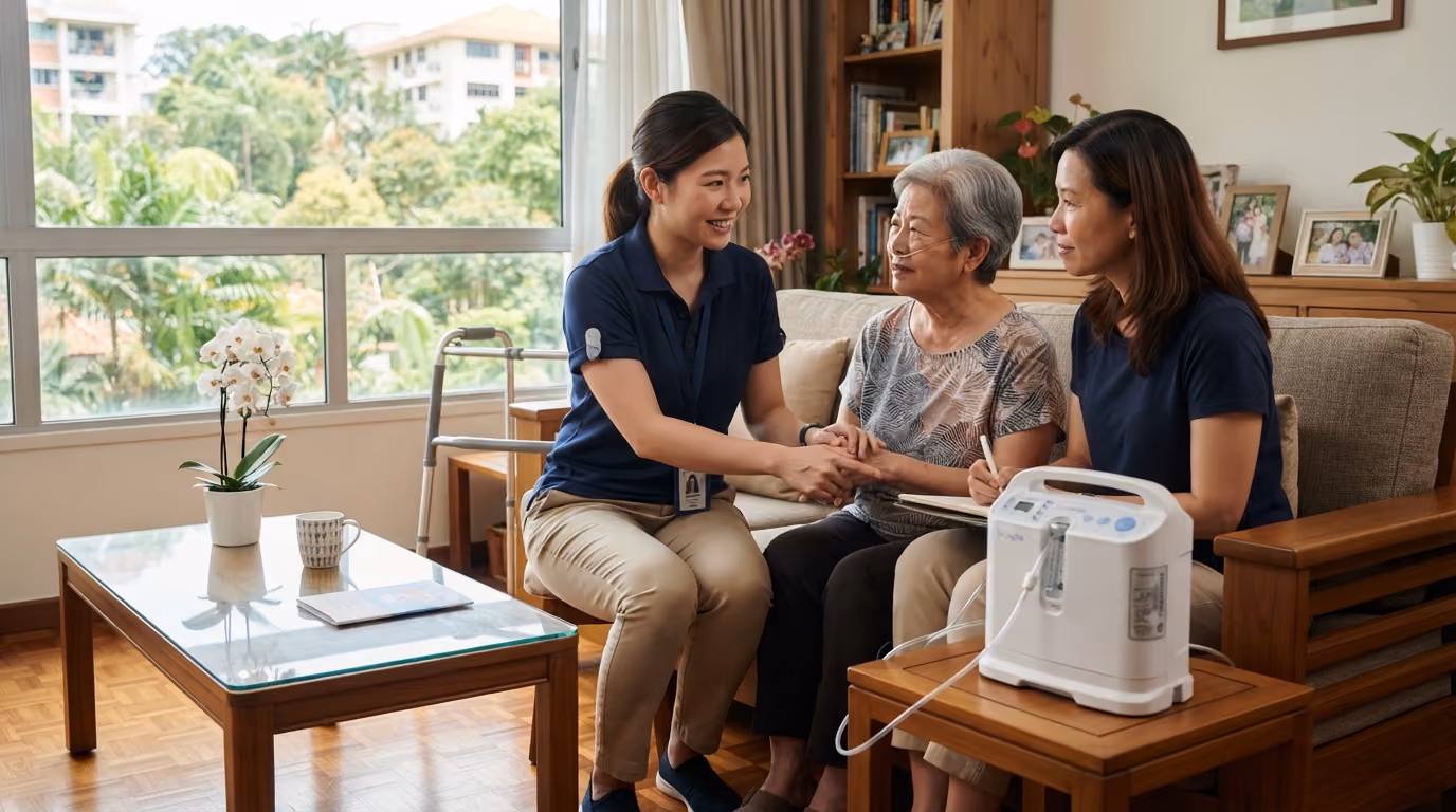rfreshco service - woman, helps older woman with oxygen machine