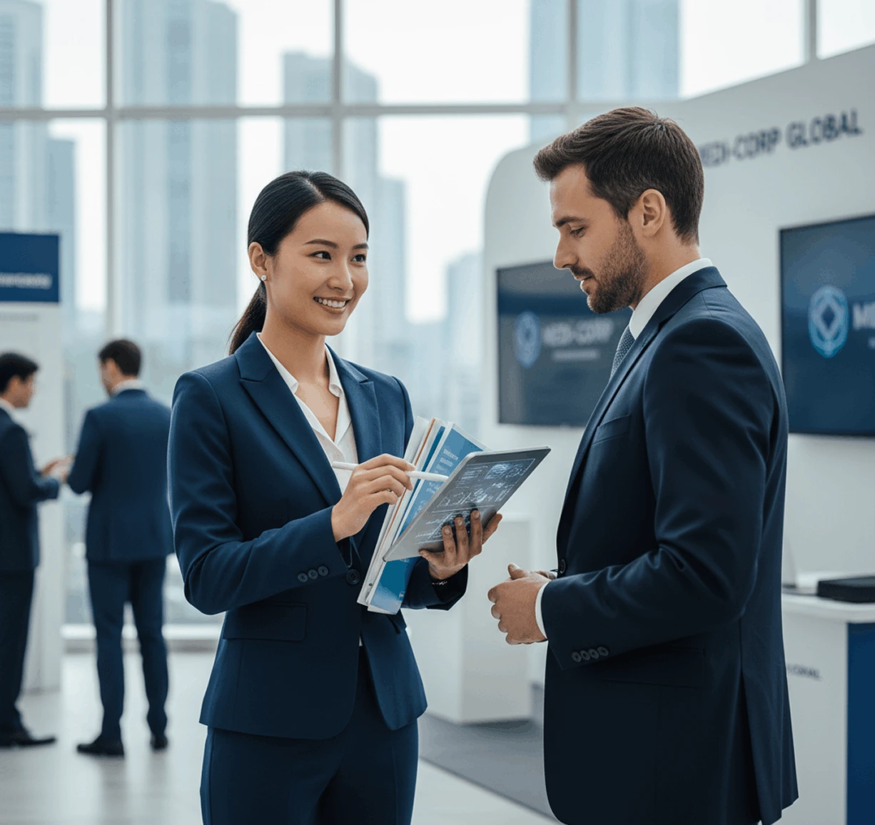a business-dressed woman and man at a trade fair