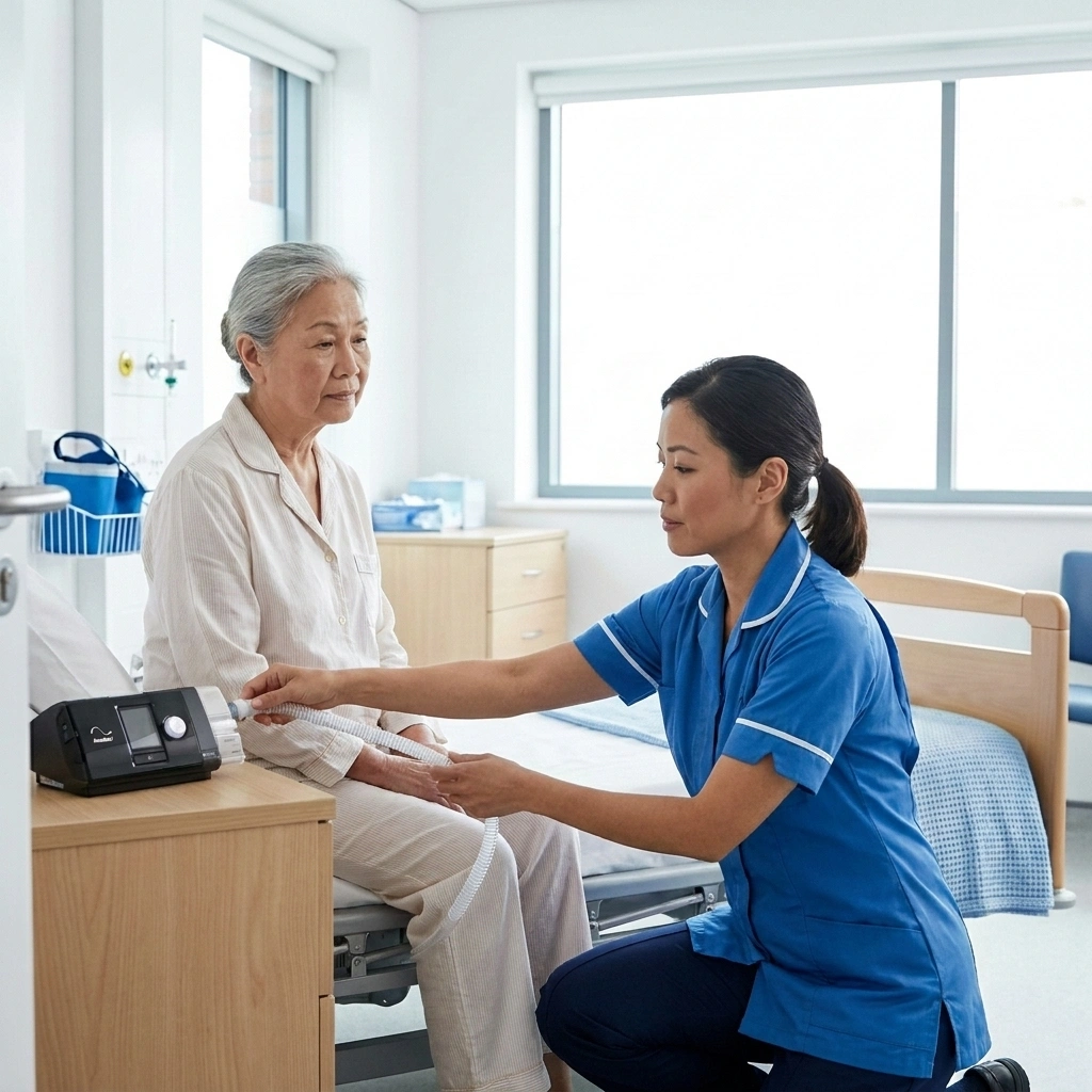 Young woman helping an older woman to set CPAP