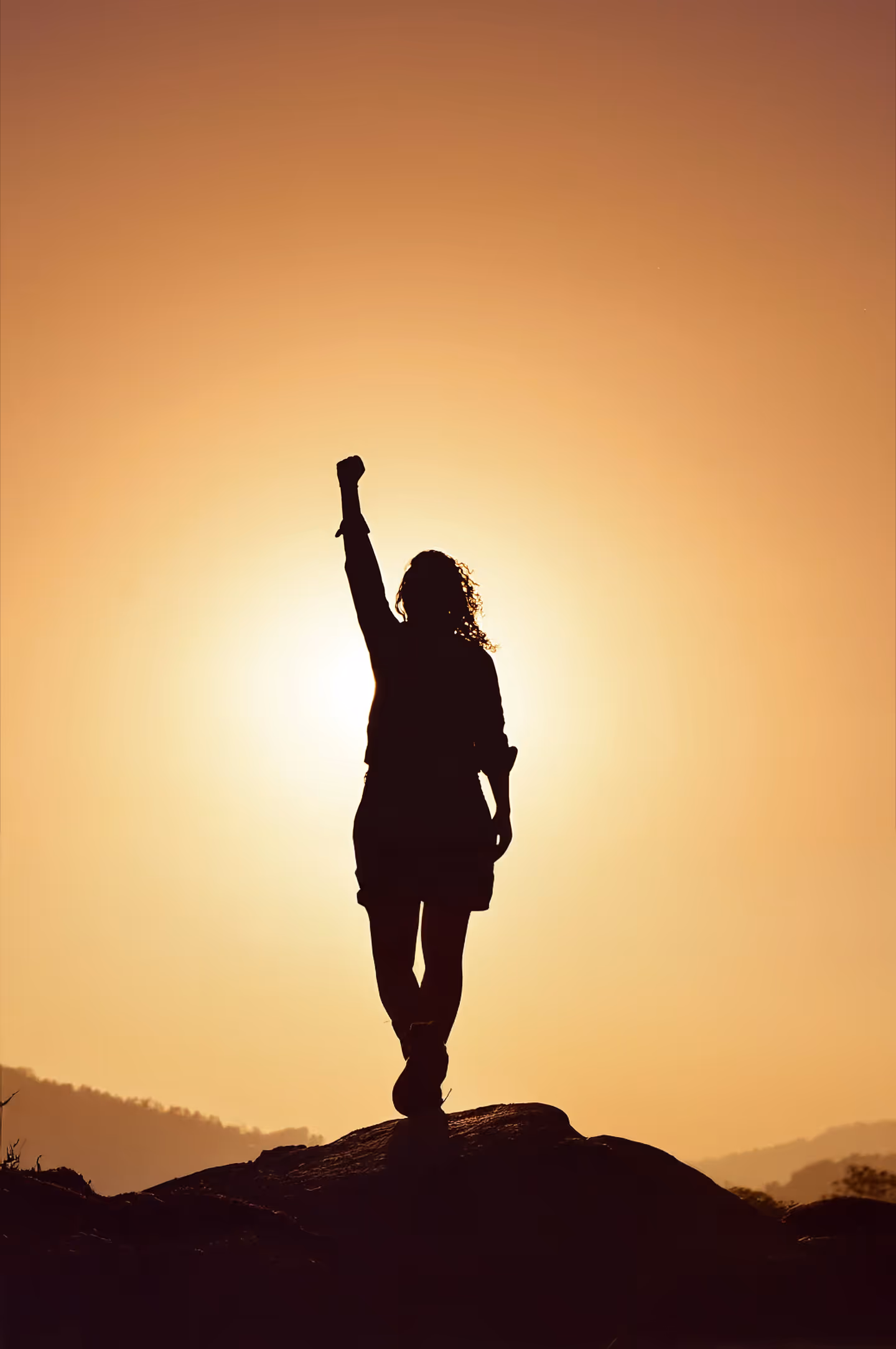 Sagoma di una persona in piedi su una roccia con un braccio alzato al tramonto.