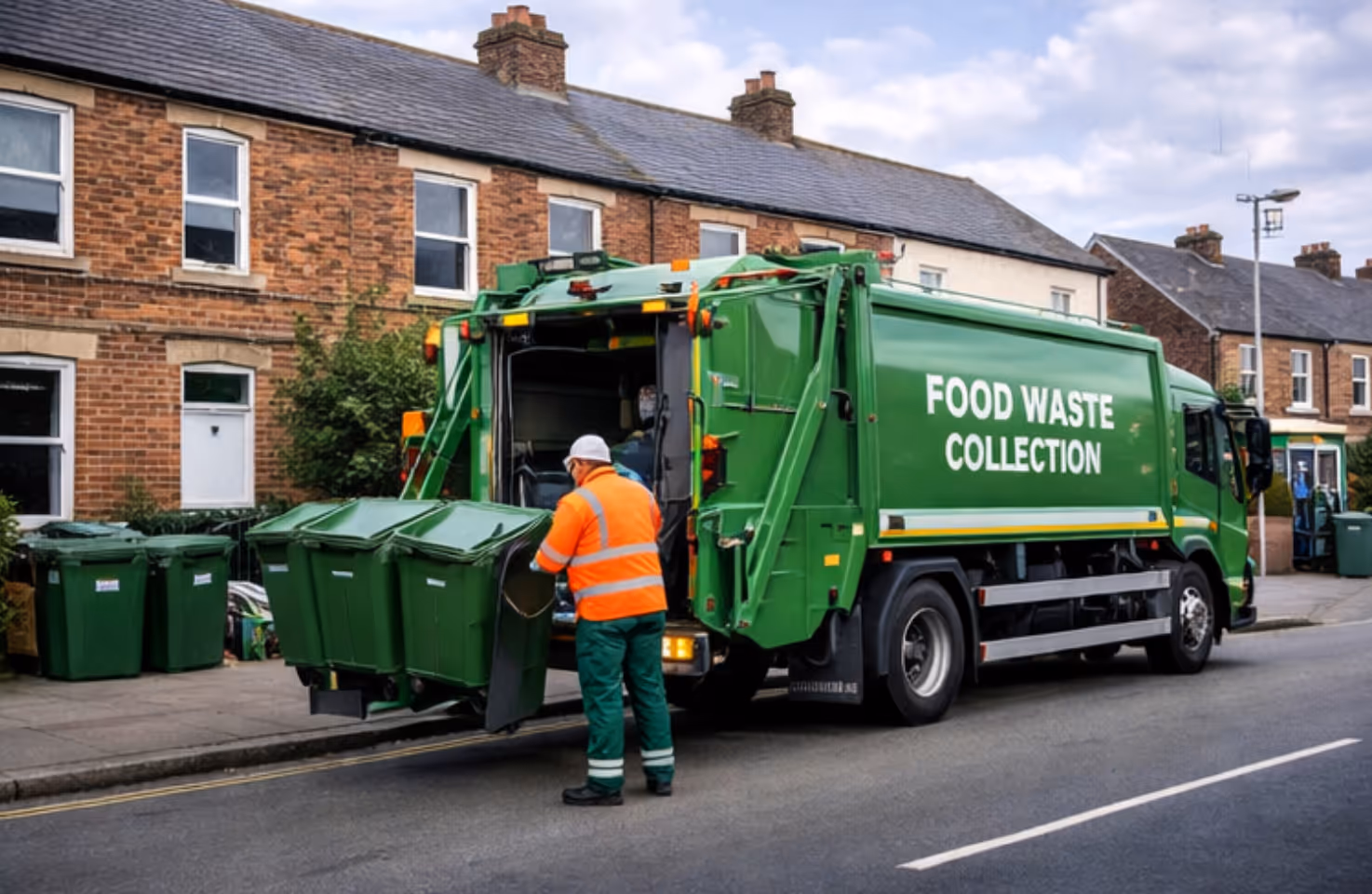 White Mercedes refuse truck parked inside a warehouse with overhead lighting.