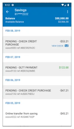 Mobile banking app showing savings account balance of $88,888.88 with recent transactions including pending check credit purchases and an online transfer.
