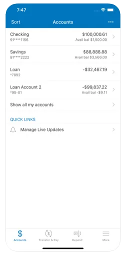 Mobile banking app screen showing accounts with balances: Checking $100,000.61 available $1,500; Savings $88,888.88 available $3,566; Loan -$32,467.19; Loan Account 2 -$99,837.22 available -$9.11.