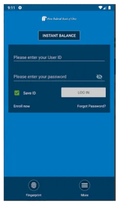 Mobile app login screen for First Federal Bank of Ohio with fields for User ID and password, a Save ID checkbox, and buttons for Instant Balance, Log In, Enroll now, and Forgot Password, plus Fingerprint and More icons at the bottom.