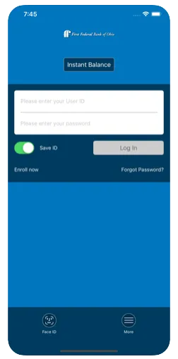 Login screen for First Federal Bank of Ohio app with fields for User ID and password, instant balance button, and options to save ID, enroll, or recover password.