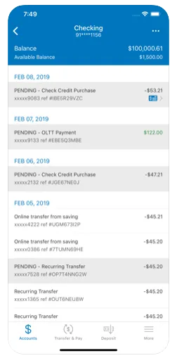 Mobile banking app screen displaying savings account balance of $88,888.88 and available balance of $3,566.00 with recent transactions including pending check credits, an OLTT payment of $122.00, and an online transfer.