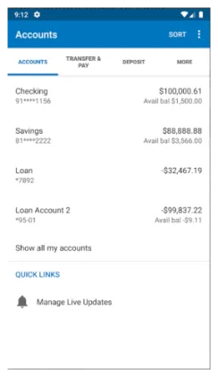 Mobile banking app screen showing account balances: Checking $100,000.61 with $1,500 available, Savings $88,888.88 with $3,566 available, Loan -$32,467.19, and Loan Account 2 -$99,837.22 with -$9.11 available balance.