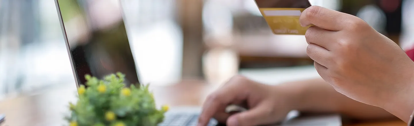 Hand holding a credit card while typing on a laptop keyboard near a small potted plant.