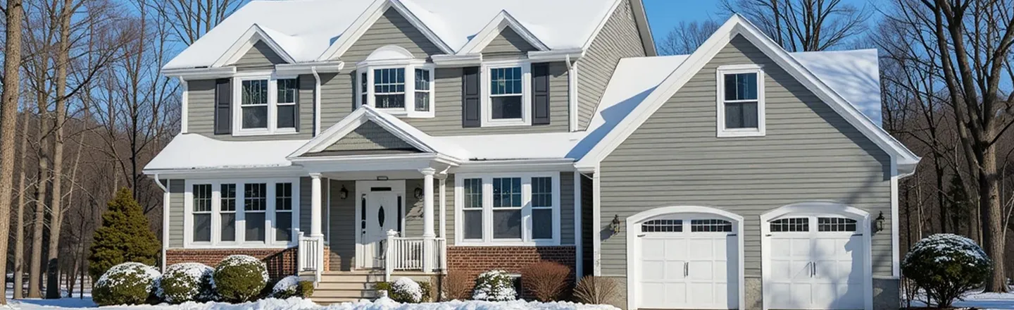 Two-story gray house with white trim, snow-covered roof and ground, and a double garage under a clear sky.