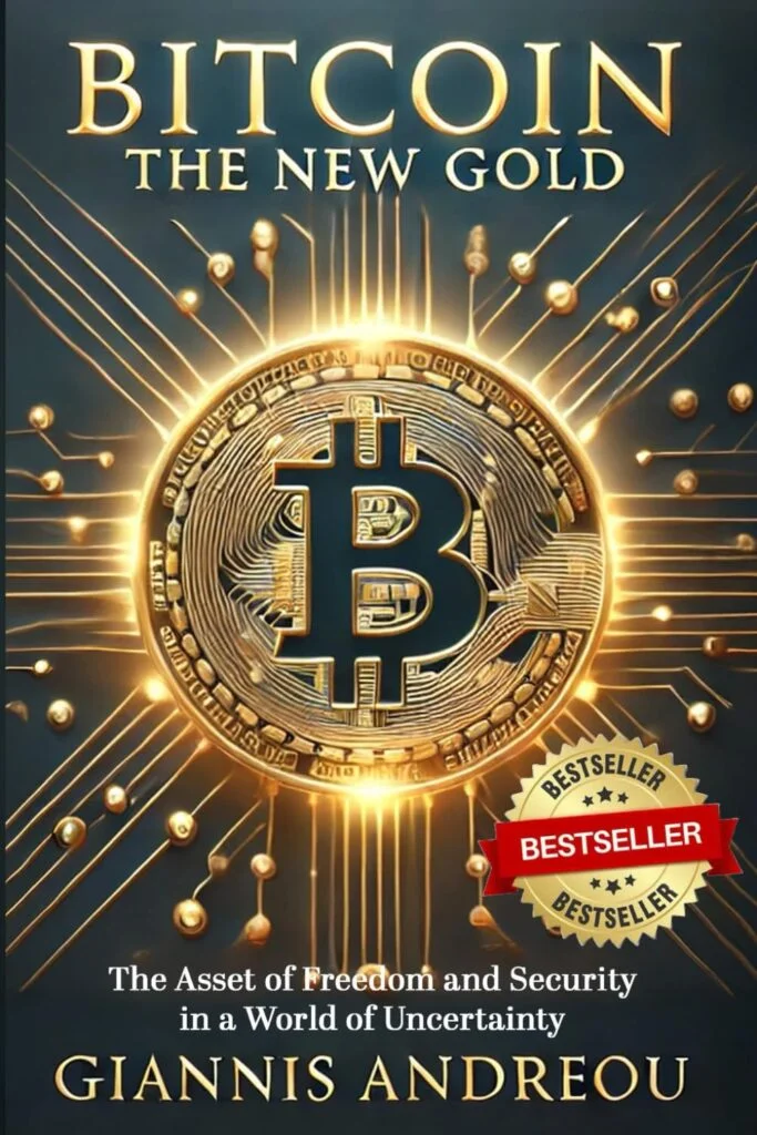 Book cover titled 'Bitcoin The New Gold' featuring a glowing gold Bitcoin symbol at the center with circuit-like gold lines radiating outward, and subtitle 'The Asset of Freedom and Security in a World of Uncertainty' by Giannis Andreou, with a bestseller badge on the right.