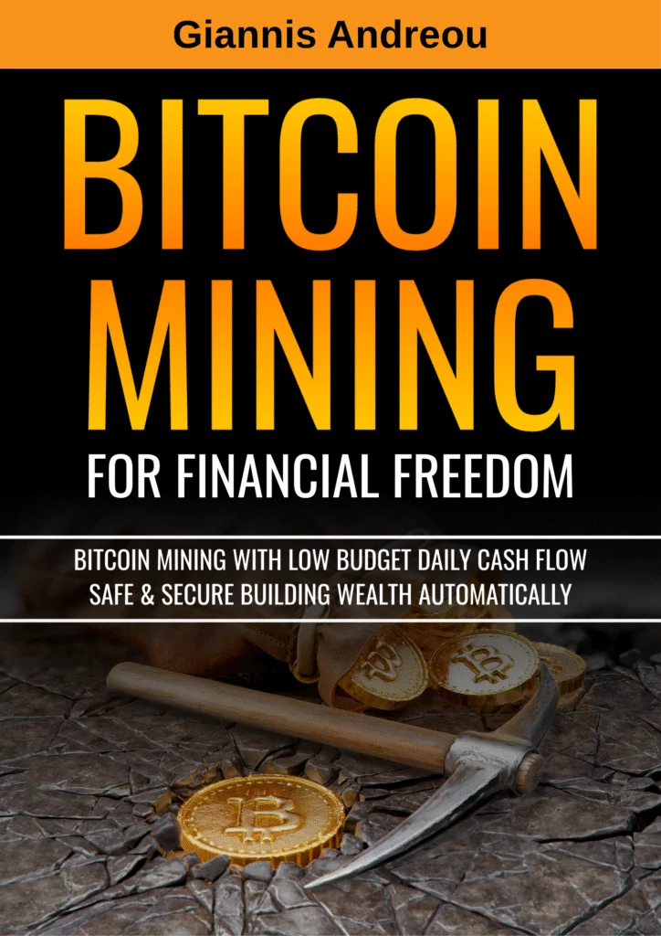 Book cover titled 'Bitcoin Mining for Financial Freedom' by Giannis Andreou with image of a pickaxe and Bitcoin coins on cracked ground.