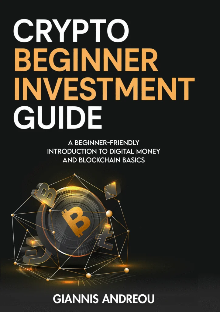 Book cover titled 'Crypto Beginner Investment Guide' with a subtitle about digital money and blockchain basics, featuring a 3D bitcoin symbol surrounded by connected nodes.