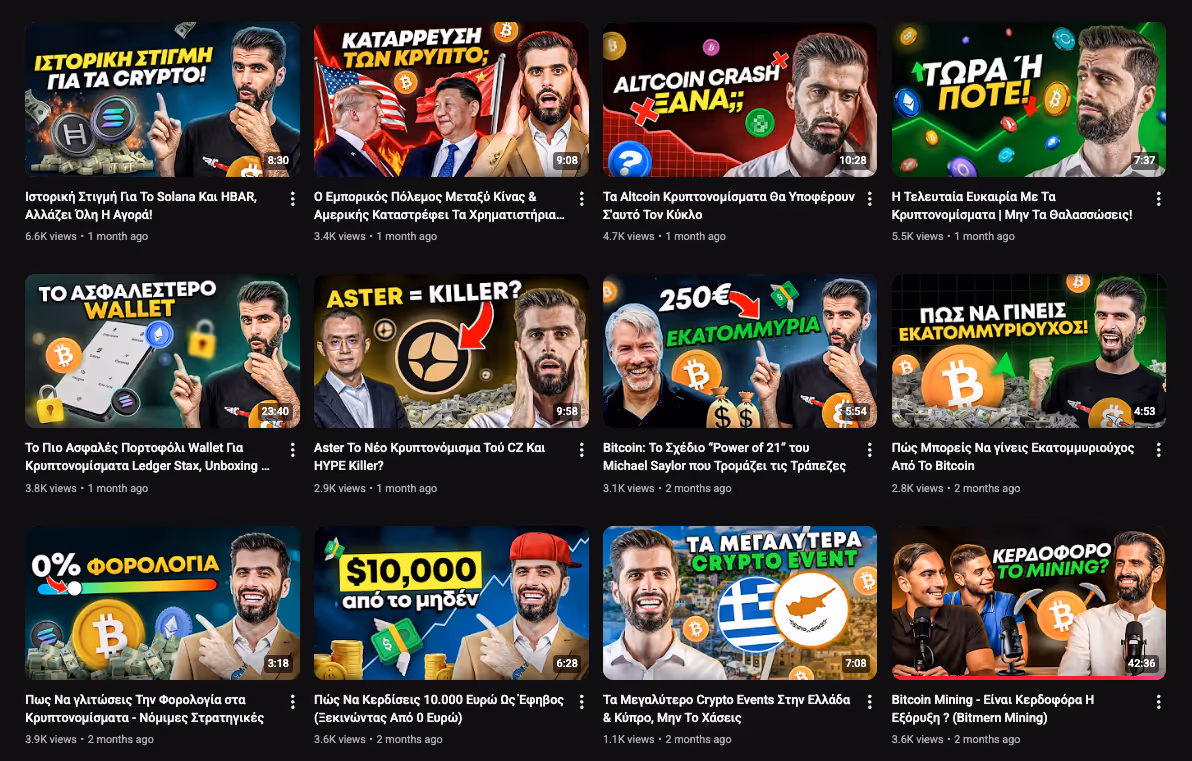 YouTube video thumbnails featuring a man discussing various cryptocurrency topics in Greek, including Solana, wallets, altcoin crashes, bitcoin strategies, crypto events in Greece and Cyprus, and bitcoin mining.