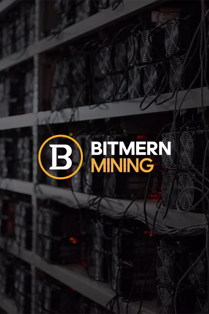Rows of cryptocurrency mining rigs with Bitmern Mining logo overlay.